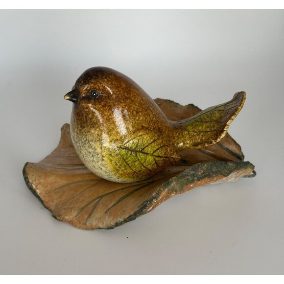 Pottery Fat Brown Bird Figure With Leaf Shaped Wings & Tail Sitting On A Leaf - Picture 2 of 13